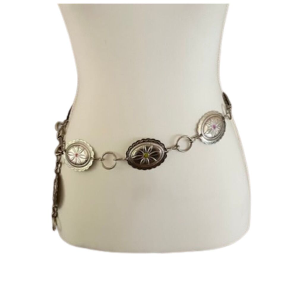 Women’s Silver Tone Concho Belt 36” Floral Embossed Boho Whimsigoth VTG Preowned